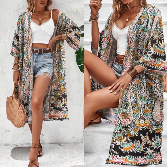 BellanBlue Tops - Paisley Print 3/4 sleeve Kimono Cover up